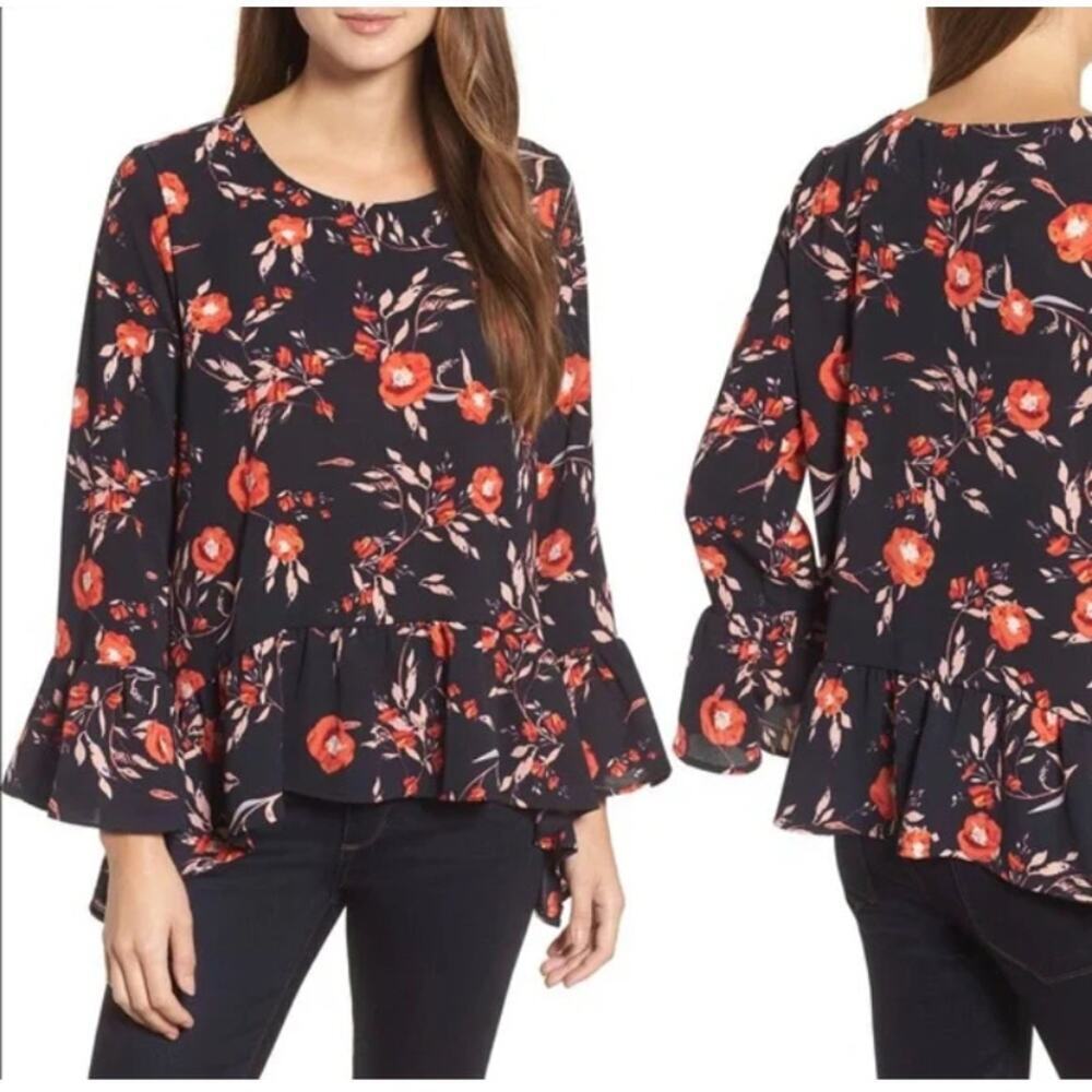 Gibson Floral Ruffle Sleeve Blouse Size Large